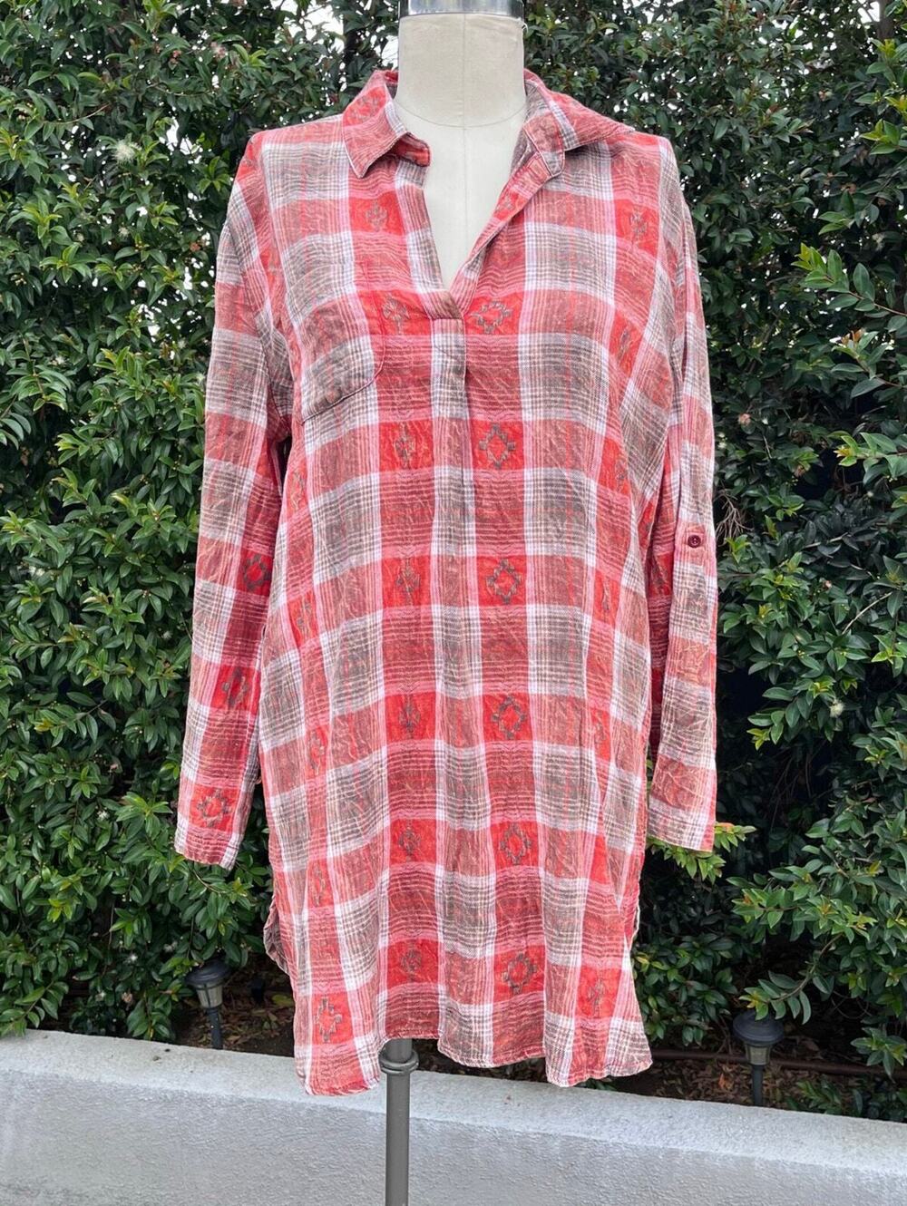 NWT En Crème Plaid Long Tunic Dress Shirt Large Boho Button Up Top